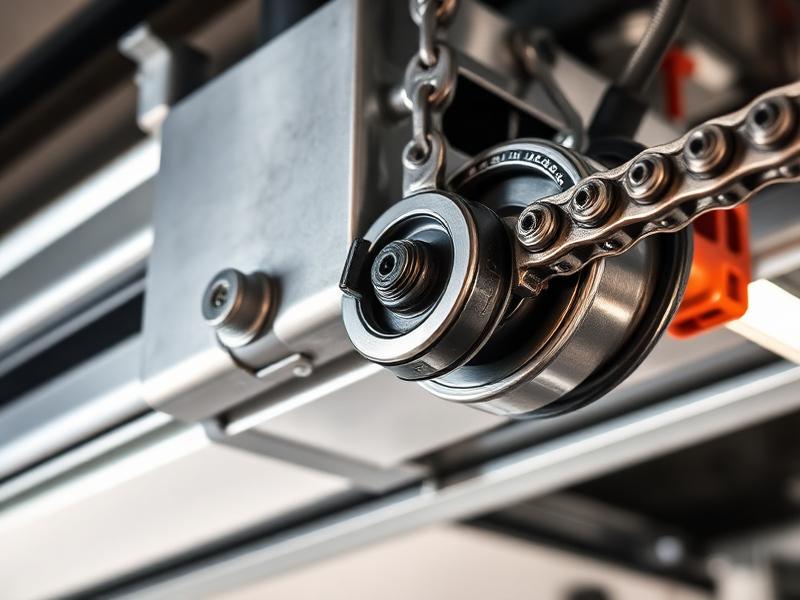 Garage door chain drive system close-up showing maintenance points
