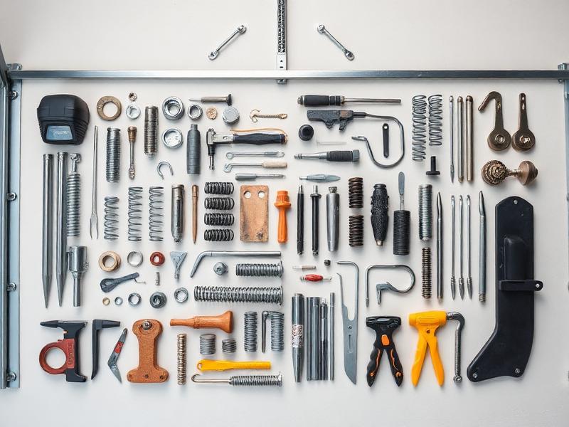 Garage door parts and components laid out for repair cost analysis