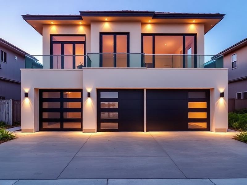 Modern home with matching contemporary garage door design at dusk
