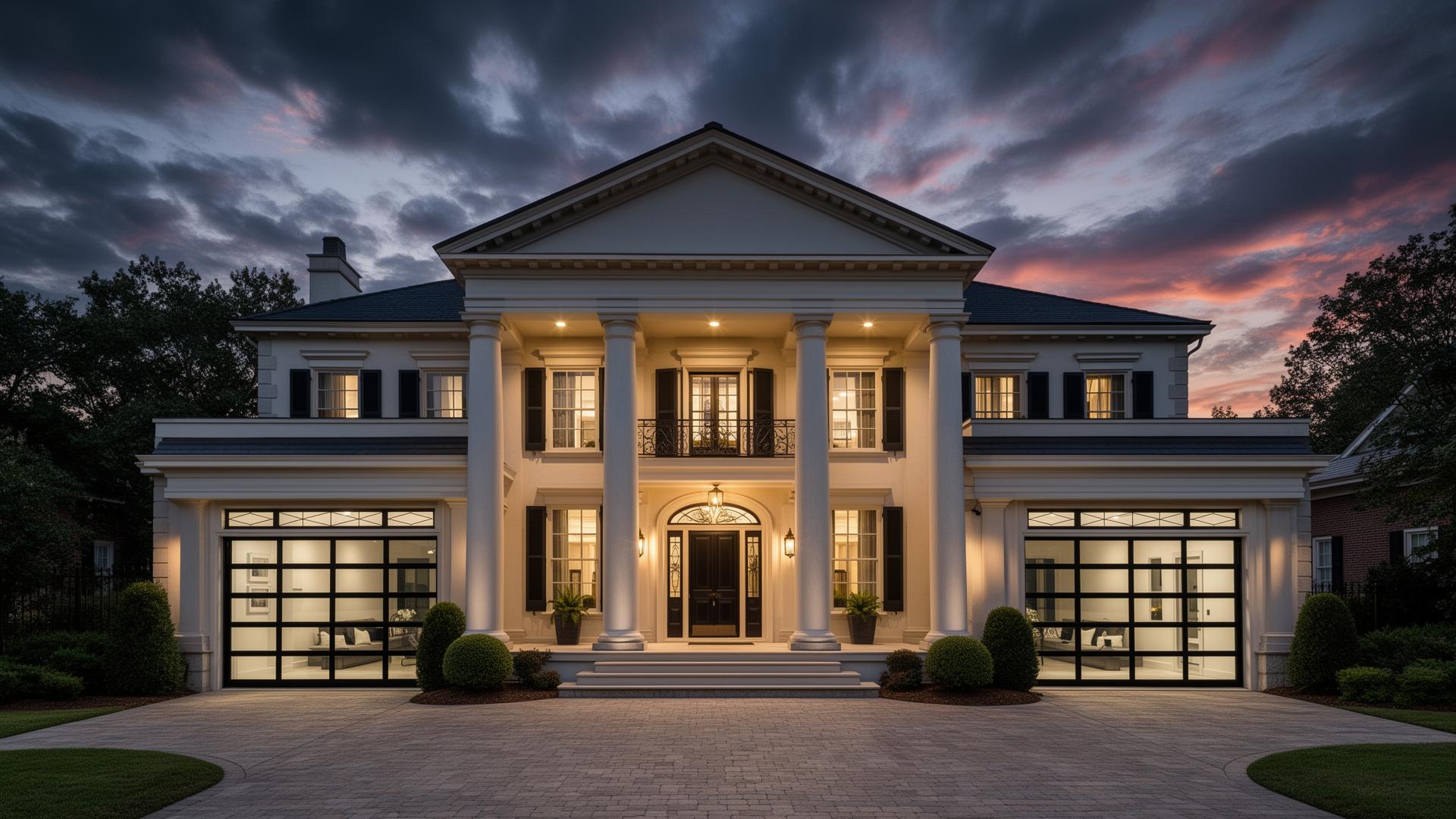 Luxury home with modern glass and aluminum garage doors at dusk